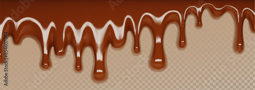 3d melt chocolate drip. Brown liquid syrup flow background. Dark candy cream sauce border. Realistic cacao line banner. Molten sweet run fluid dip. Horizontal caramel falling glaze texture design