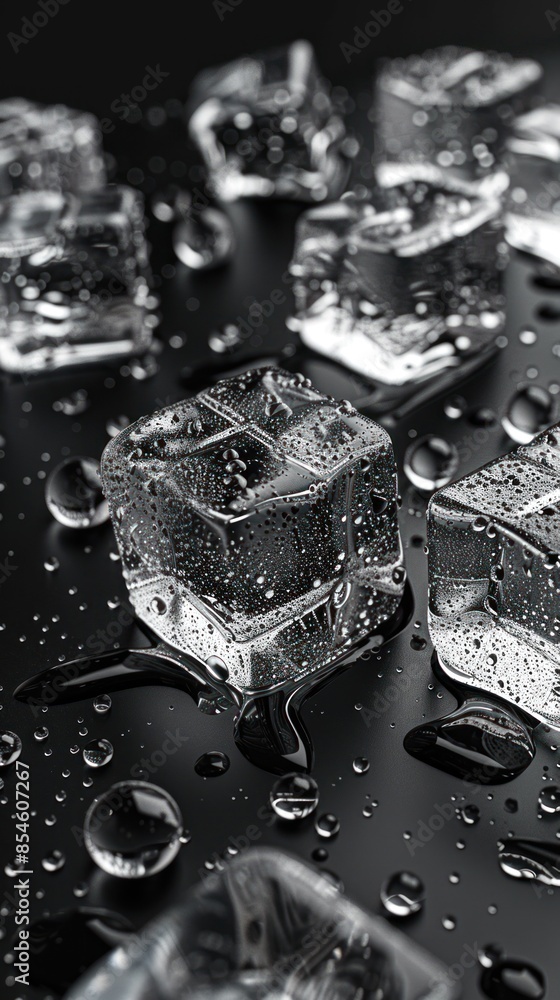Transparent ice cubes with water drops on a black background, cool and colorful close-up. Transparent ice cubes with water drops on a black background, cool and colorful close-up.