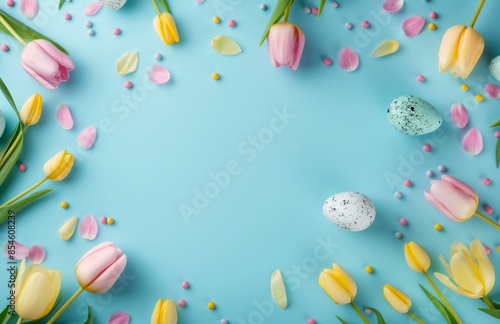 Beautiful tulips and colorful Easter eggs arranged on a blue background. Perfect for spring and Easter-themed projects. Flat Lay. Copy space. Top view