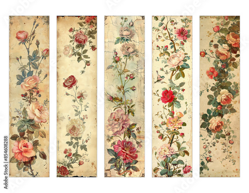 Beautiful bookmarks for book lovers, set of 5, decorative design, size of bookmarks 4,5cm x 18cm, illistration, PNG, love to read, vintage collage with rose flowers on vintage paper, junk journal  photo