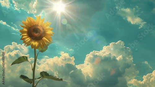 Sunflower flower in center of 4x1 banner under a partly cloudy sky with sun image photo