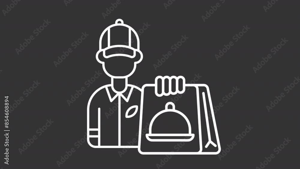 Animated delivery guy white icon. Takeout meal line animation. Food order shake. Plain hamburger slicing. Isolated illustration on dark background. Transition alpha video. Motion graphic Animated delivery guy white icon. Takeout meal line animation. Food order shake. Plain hamburger slicing. Isolated illustration on dark background. Transition alpha video. Motion graphic