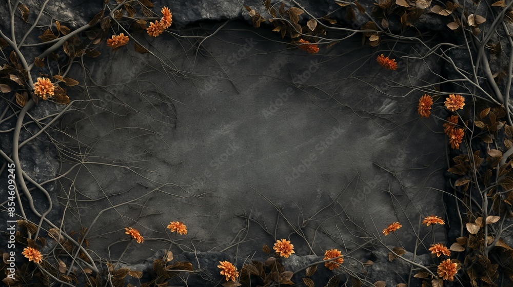 Naklejka premium Gothic dark fantasy background framed with dry branches and orange flowers dried