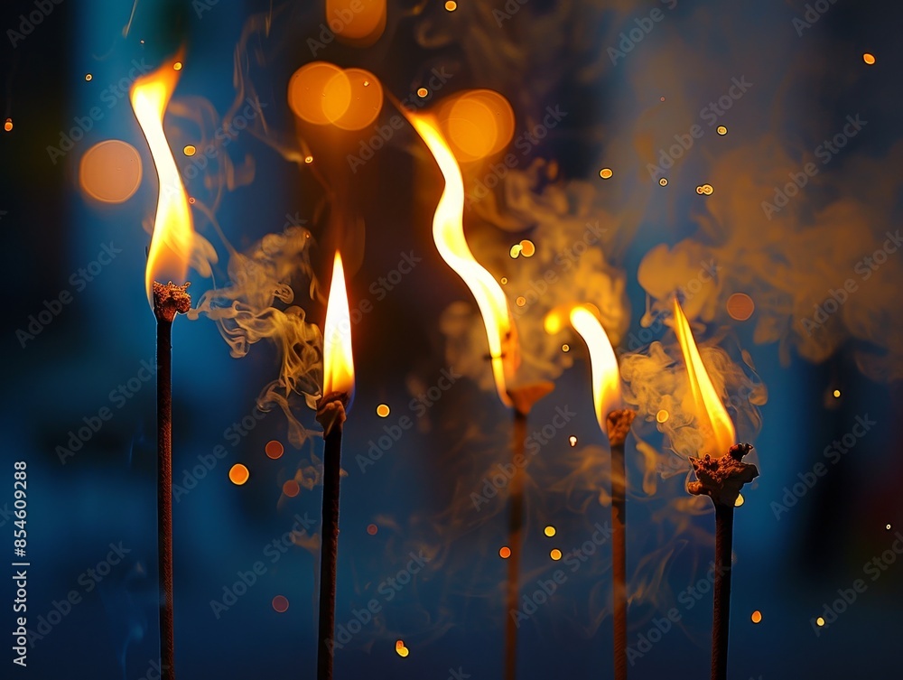 Burning incense sticks with flames and smoke, set against a dark background with bokeh lights. Perfect for spiritual, ritual, and meditation themes. Burning incense sticks with flames and smoke, set against a dark background with bokeh lights. Perfect for spiritual, ritual, and meditation themes.