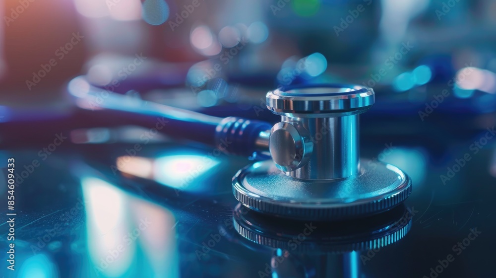 Concept of checking business health care and medical status with blue tone stethoscope background Concept of checking business health care and medical status with blue tone stethoscope background