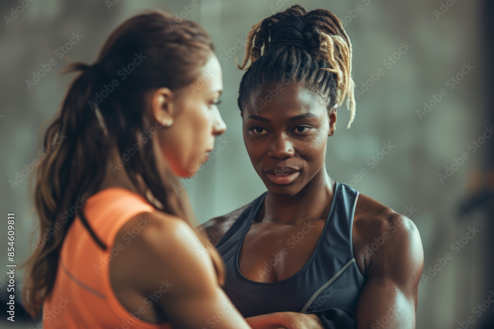 Two women are talking to each other in a gym Two women are talking to each other in a gym