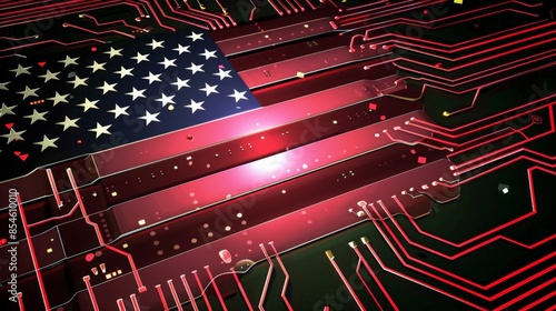 3D circuit design shaped like the US flag stunningly detailed for tech themed backgrounds and wallpapers with an organic feel