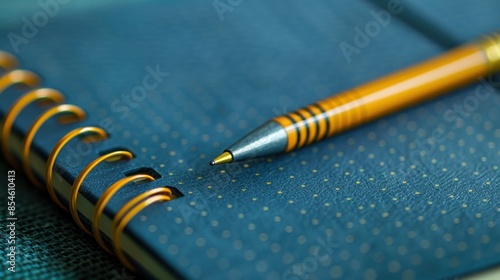Close-up of a spiral-bound notebook with a gold pen resting on it. Suitable for office themes, study visuals, and writing tools.