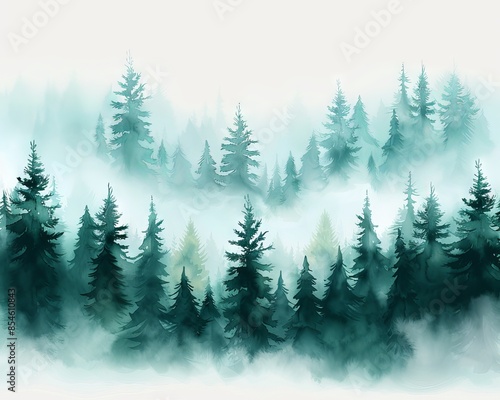 Serene watercolor painting of a misty forest with tall pine trees, evoking tranquility and mystery. Ideal for nature-themed projects. © PTC_KICKCAT