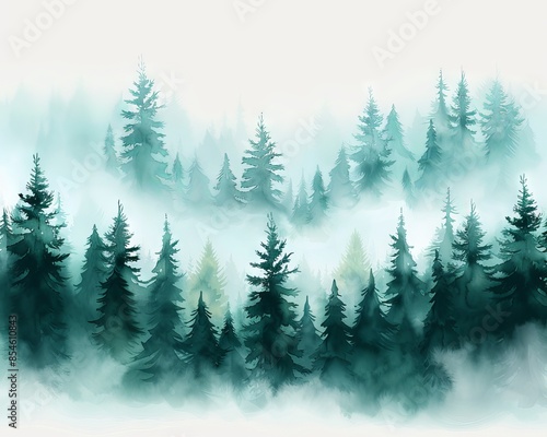 Serene watercolor painting of a misty forest with tall pine trees, evoking tranquility and mystery. Ideal for nature-themed projects.