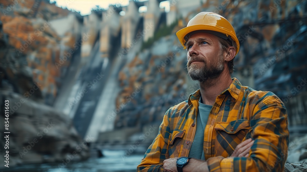 Confident Engineer at Dam Project. Confident engineer in a yellow hard hat and flannel shirt stands proudly at a hydroelectric dam project site. Confident Engineer at Dam Project. Confident engineer in a yellow hard hat and flannel shirt stands proudly at a hydroelectric dam project site.