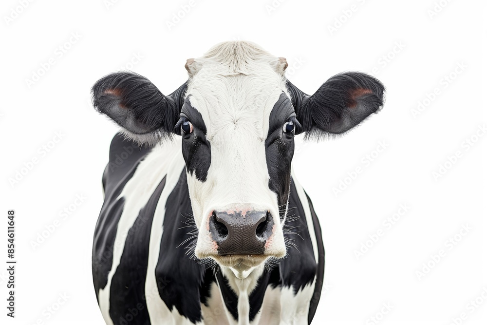 Black and white close-up portrait of a cow on white background. Black and white close-up portrait of a cow on white background.