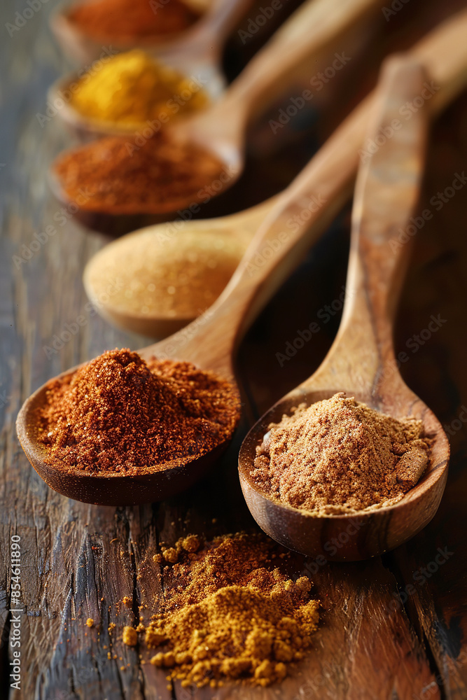 Close-Up of Powdered Spices in Wooden Spoons on Rustic Background