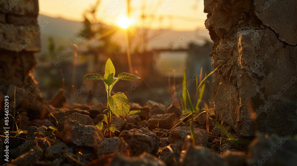 Fototapeta premium Small Plant Emerging in War Zone Ruins, Signifying Hope and Peace