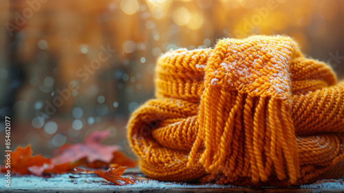 Orange knitted scarf with snow on it, surrounded by fall leaves.