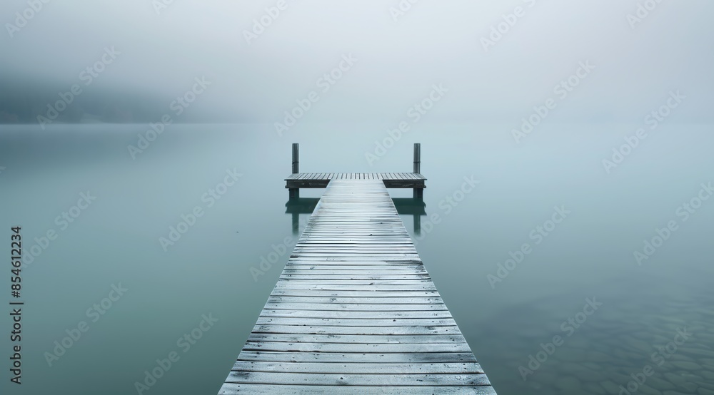 Minimalist Long Exposure of Empty Pier on Serene Lake in Foggy Weather Minimalist Long Exposure of Empty Pier on Serene Lake in Foggy Weather