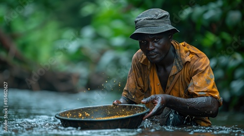 Focused gold panner in a stream. Determined gold panner works in a stream, closely examining his pan for gold nuggets, emphasizing focus and dedication. photo