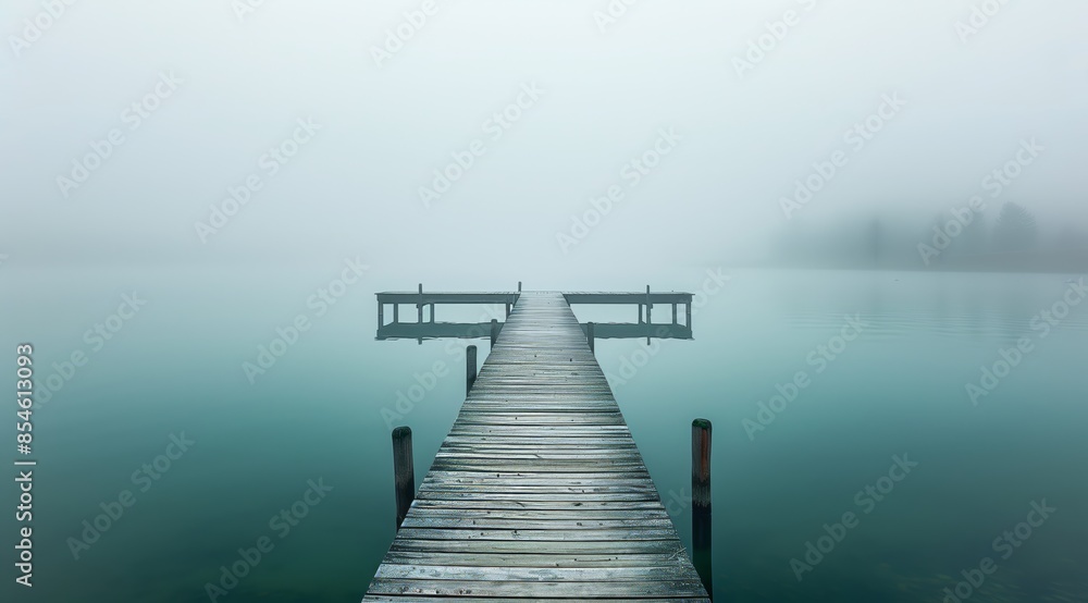 Minimalist Long Exposure of Empty Pier on Serene Lake in Foggy Weather Minimalist Long Exposure of Empty Pier on Serene Lake in Foggy Weather