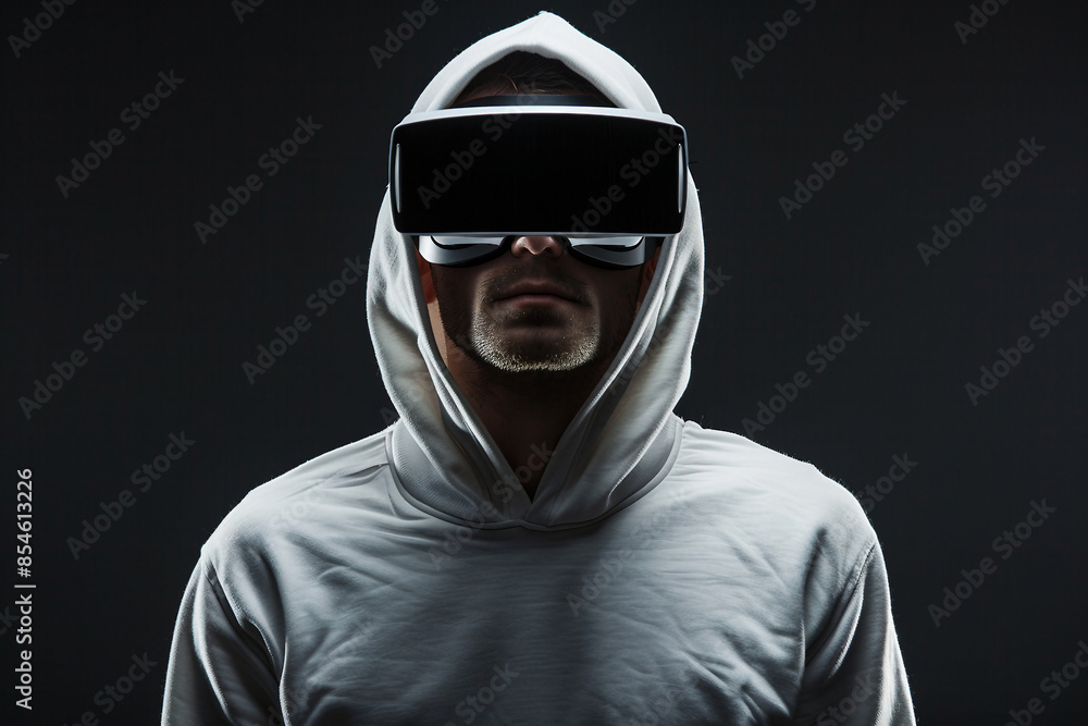 Person in vr virtual reality goggles visiting metaverse gaming world tech addicted, Generative AI Person in vr virtual reality goggles visiting metaverse gaming world tech addicted, Generative AI