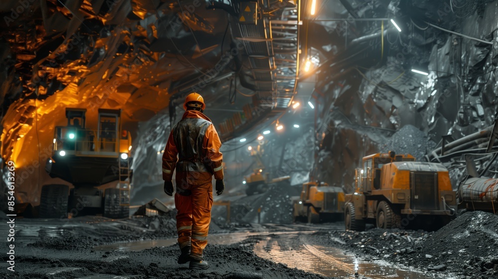 Worker in illuminated underground mine. Worker in protective gear stands in an illuminated underground mine, surrounded by heavy machinery and mining equipment. Worker in illuminated underground mine. Worker in protective gear stands in an illuminated underground mine, surrounded by heavy machinery and mining equipment.