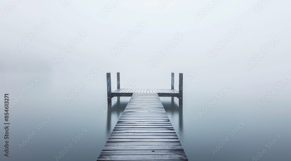 Obraz premium Weathered Wooden Pier Extending into White Misty Lake with Faint Reflections and Soft Horizon in Calm Minimal Foggy Landscape