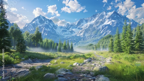 Photo of a realistic alpine valley. Photo style. In the foreground is a valley with a path. Then there was the forest and in the mountains behind, a sunny scene, shadows on the side.