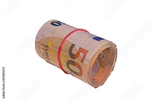 Closeup of fifty euro rolled up isolated on white background.