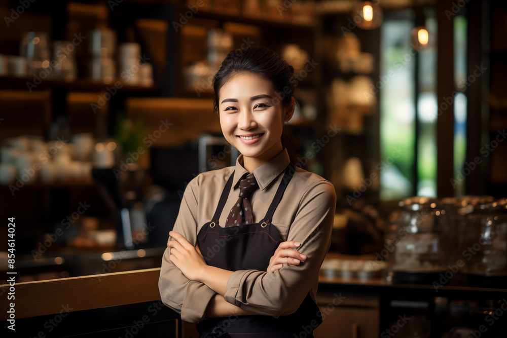 Fototapeta premium Happy Asian Barista at Coffee Counter. Happy Asian barista at a coffee counter, smiling and ready to take orders, enhancing the friendly environment of the cafe.