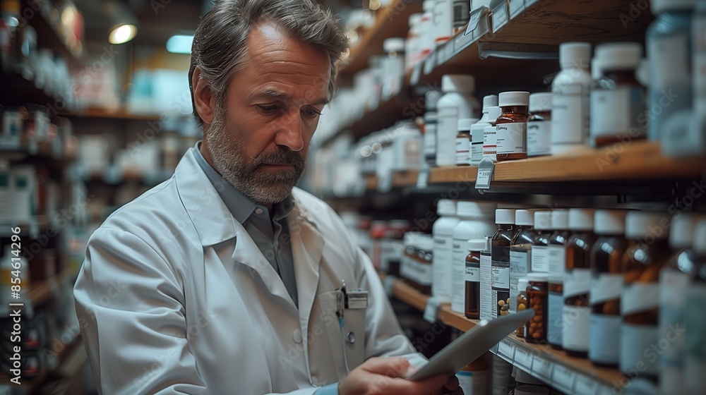 Fototapeta premium Pharmacist Checking Stock on Tablet. Male pharmacist uses a tablet to check stock while standing in a pharmacy aisle filled with medication bottles and health products.