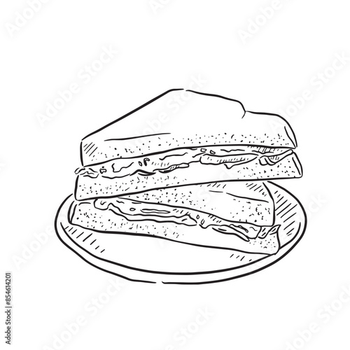 A line drawn illustration of a sandwich cut into two triangles on a plate. Filled with peanut butter and jelly. Created by hand and digitised to create a sketch style vector. 