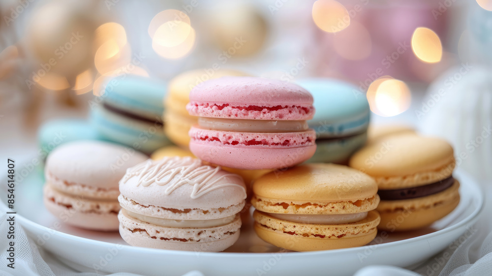 Colorful macarons on a white plate with a blurred background. Colorful macarons on a white plate with a blurred background.