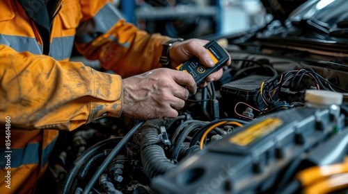 Skilled mechanic using a specialized diagnostic tool to carefully examine and troubleshoot issues within a car s engine during the maintenance and repair process in an automotive workshop or garage photo