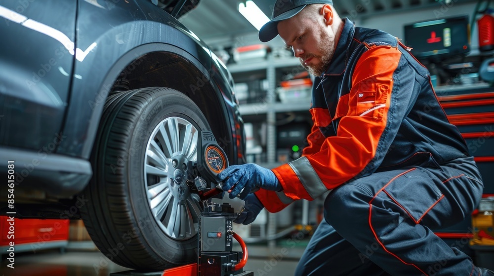 Mechanic performing a wheel alignment on a car using specialized equipment and tools in an auto repair workshop or garage Mechanic performing a wheel alignment on a car using specialized equipment and tools in an auto repair workshop or garage