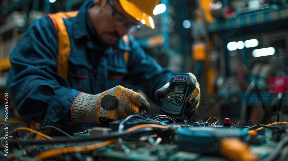 Skilled Mechanic Carefully Inspecting and Testing Car Battery Using Professional Multimeter Tool in the Workspace of an Auto Repair Service Garage Skilled Mechanic Carefully Inspecting and Testing Car Battery Using Professional Multimeter Tool in the Workspace of an Auto Repair Service Garage