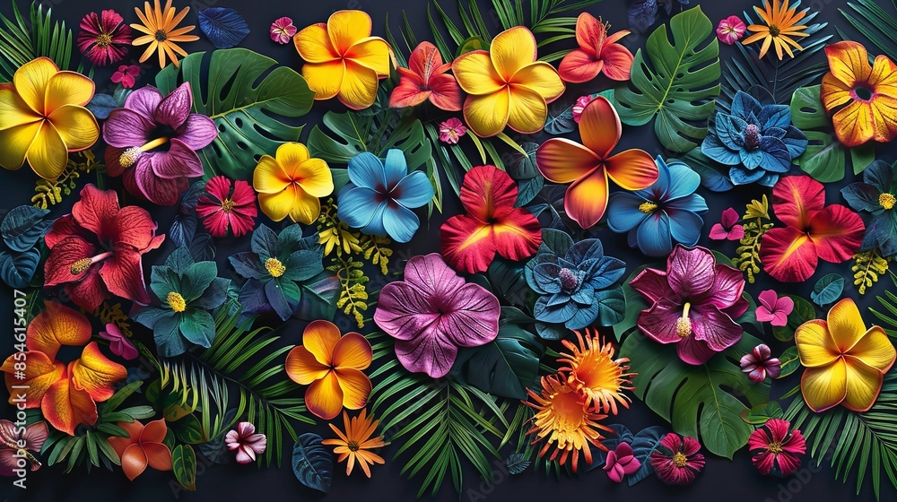 Close-up shot of diverse tropical flowers with vibrant colors - yellow, red, purple, blue, and orange - against lush green leaves. 🌺🌿 Close-up shot of diverse tropical flowers with vibrant colors - yellow, red, purple, blue, and orange - against lush green leaves. 🌺🌿