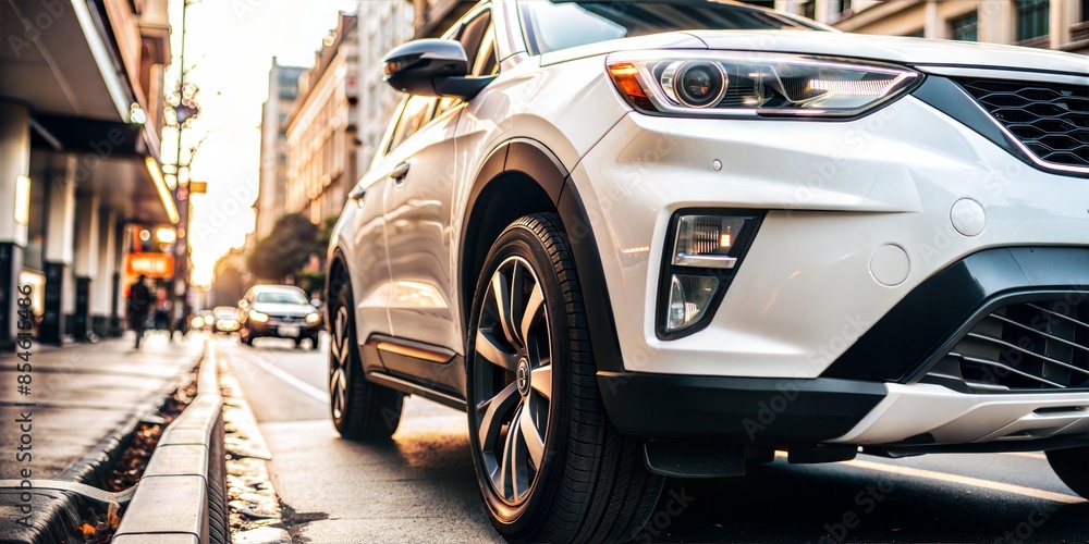 Urban background with a crossover in a parking lot in a business center. Urban background with a crossover in a parking lot in a business center.