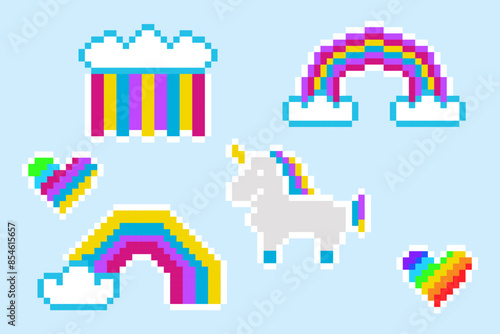 Pony icon in retro 8-bit video game. Cute pixel unicorn with rainbow and clouds. Children characters for 8 bit vector game.