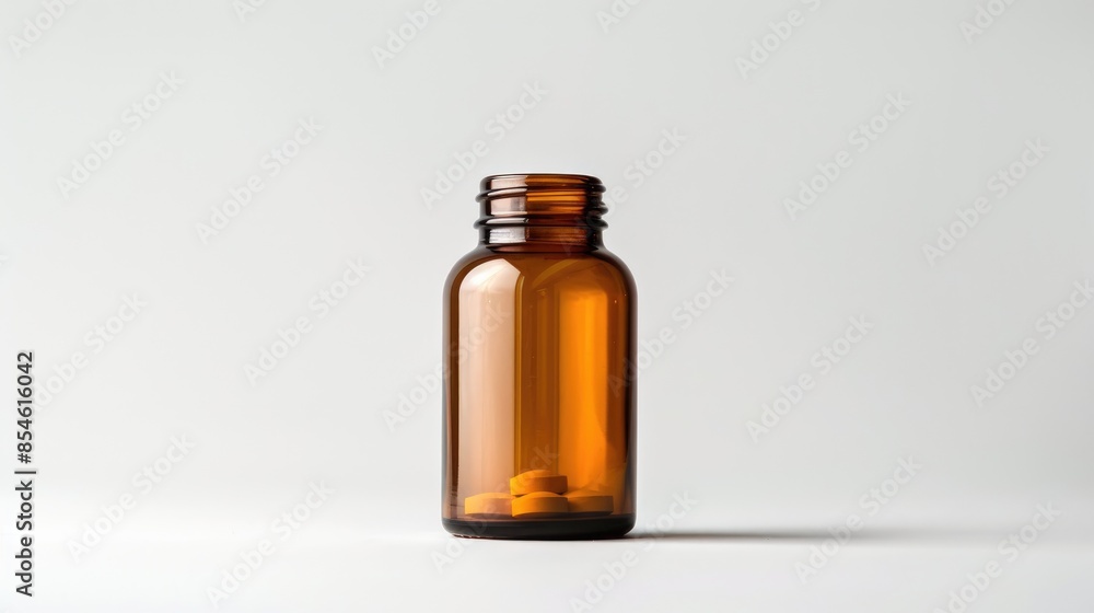 Medical pill in brown glass bottle on white surface without clipping path Medical pill in brown glass bottle on white surface without clipping path