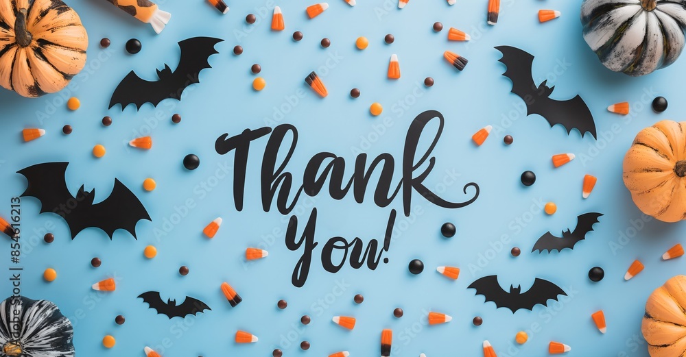 Halloween thank you card with bats, candy corn, and pumpkins on a blue background. Ideal for Halloween-themed projects and festive thank you messages. Halloween thank you card with bats, candy corn, and pumpkins on a blue background. Ideal for Halloween-themed projects and festive thank you messages.