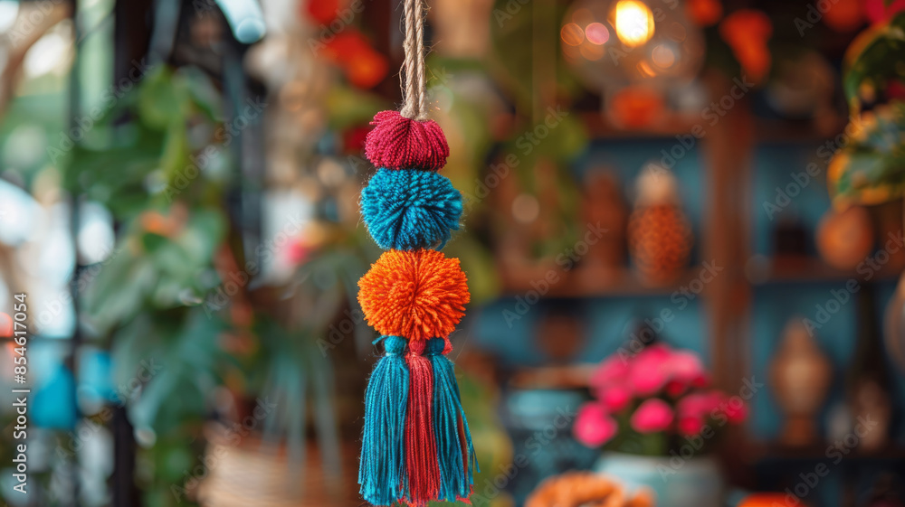 Naklejka premium Colorful pom-poms hanging as a decorative piece indoors.