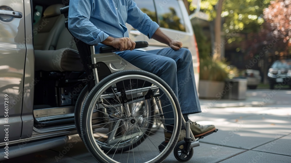 Man in wheelchair getting out of a vehicle. The image showcases an accessible transportation service for people with disabilities. It represents mobility, independence, and accessibility. AI Man in wheelchair getting out of a vehicle. The image showcases an accessible transportation service for people with disabilities. It represents mobility, independence, and accessibility. AI