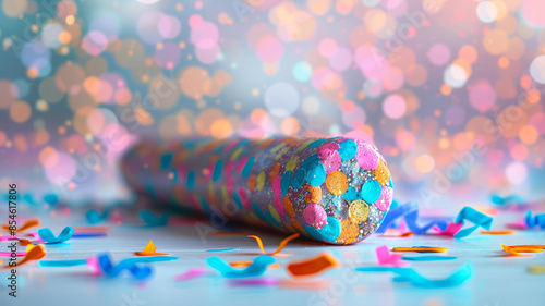 Colorful confetti popper with bokeh lights and scattered confetti.