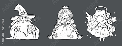 fairy tale prince princess dragon fairy
line drawing, wear white
hand drawn line illustration coloring book