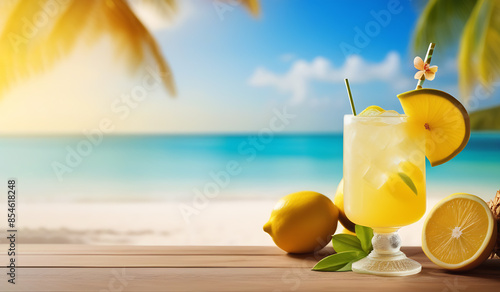 Banner Lemonade cocktail with tropical fruits on the background of the beach, sea or ocean. Vacation summer concept.