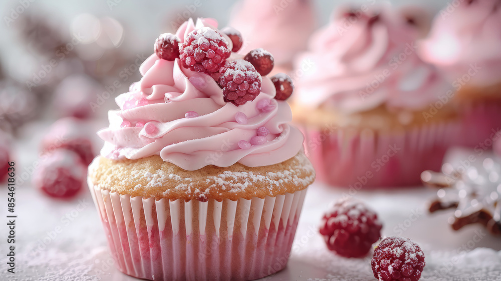 Cupcake with pink frosting and raspberries, dusted with powdered sugar. Cupcake with pink frosting and raspberries, dusted with powdered sugar.