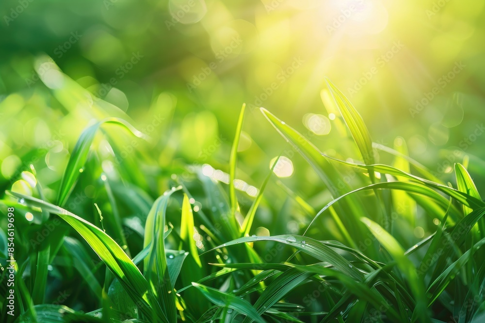 Fototapeta premium Beautiful natural background macro image of young juicy green grass in bright summer spring morning sunlight.