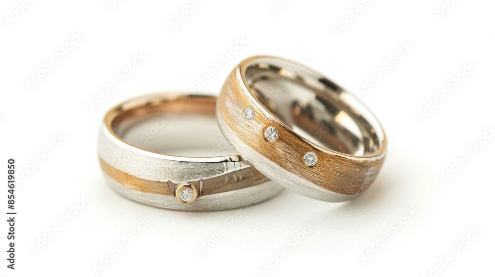 Silver and gold rings with diamonds white background Original mixed metal wedding bands Silver and gold rings with diamonds white background Original mixed metal wedding bands