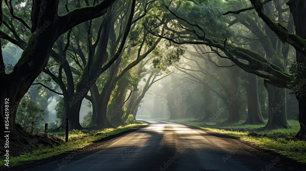 Obraz premium Deserted country road disappears into fog of an early morning. lined with ancient trees form a tunnel overhead.