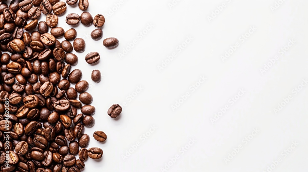 Coffee beans on white surface with space for text Coffee beans on white surface with space for text