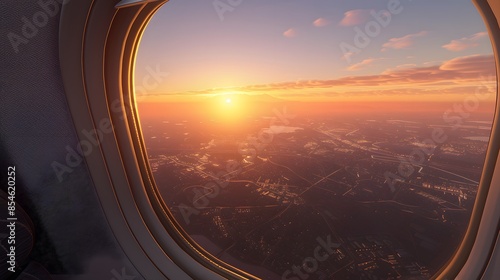 Breathtaking view of town and cloudless sundown sky behind window of aircraft during flight